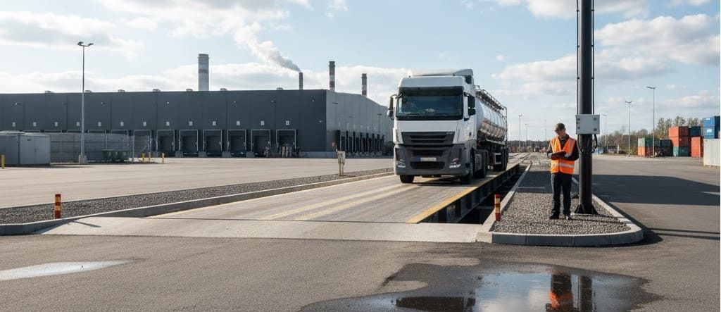 Samochód ciężarowy wjeżdżający na wagę samochodową przy terminalu logistycznym