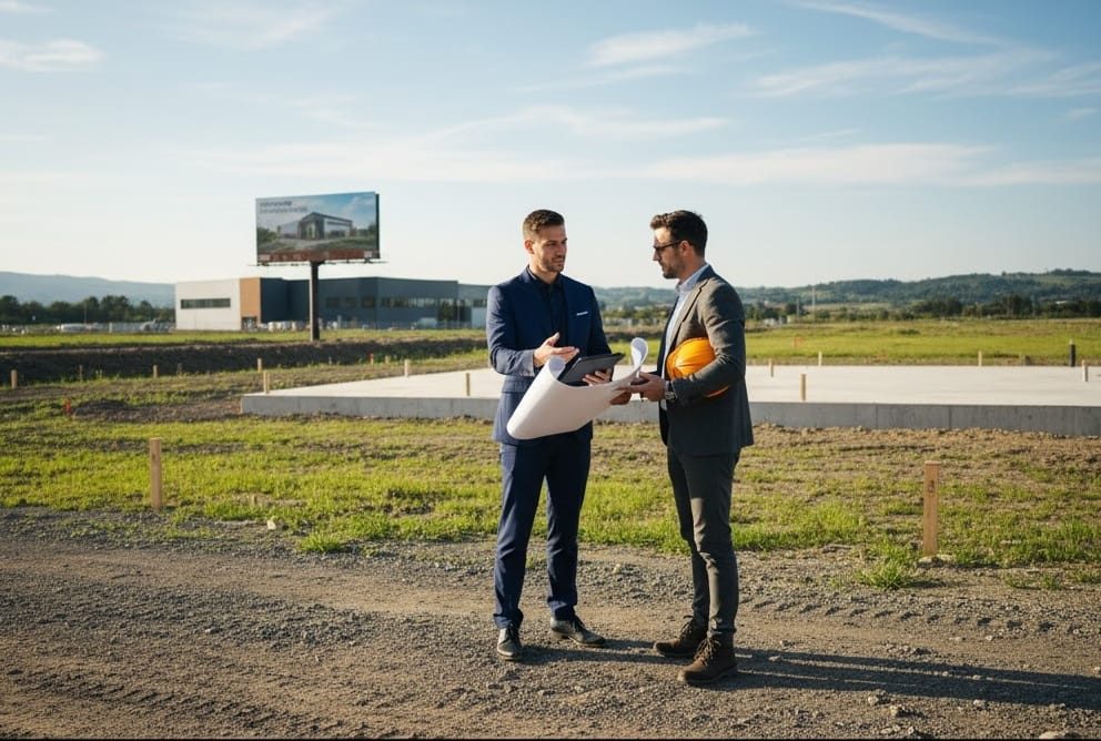 Dwóch specjalistów analizuje plan zagospodarowania placu przed inwestycją